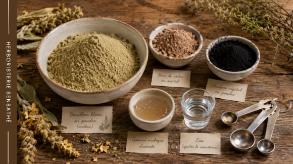 Ingrédients pour fabriquer un encens au bouillon blanc  poudre de molène, bois de cèdre, charbon végétal, gomme arabique et eau - Herboristerie Sensathé